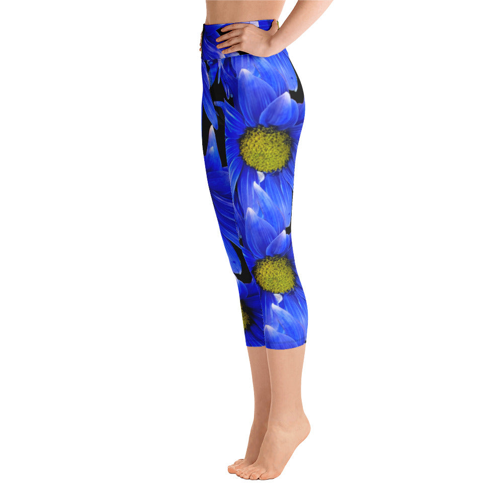 Purple Sky Blue Floral Print Yoga Capri Leggings