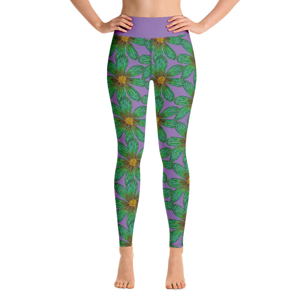 Purple Sky Purple Green Floral Print Yoga Leggings