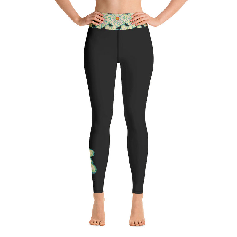 Purple Sky Black Floral Print Yoga Leggings