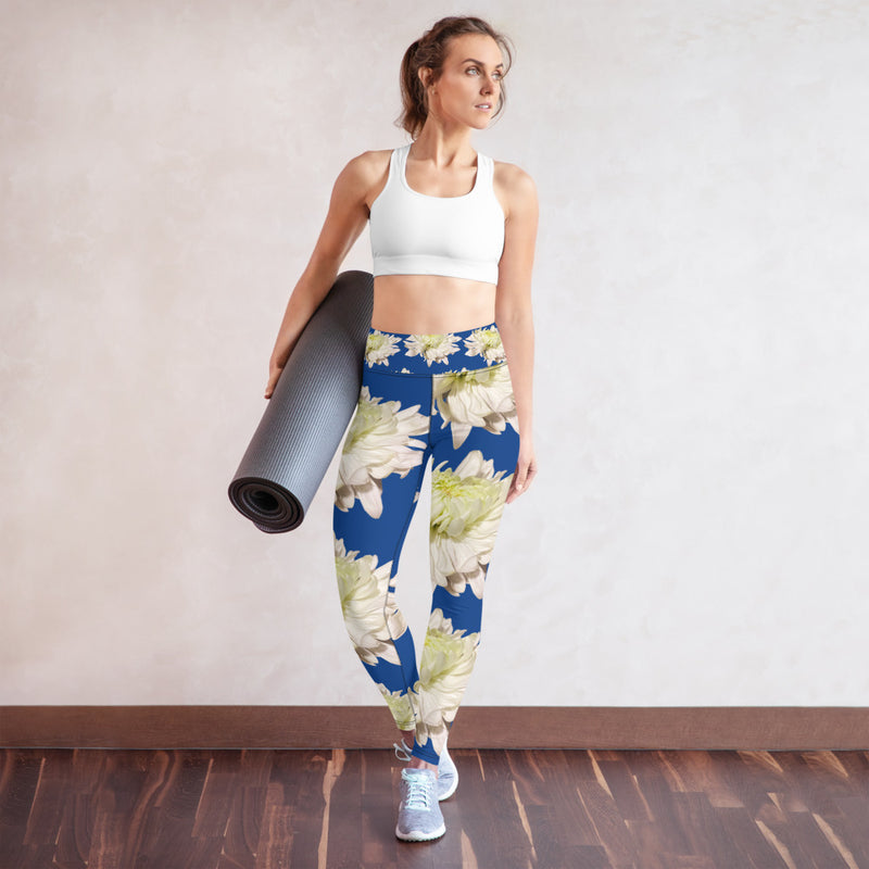 Purple Sky Blue White Floral Print Yoga Leggings