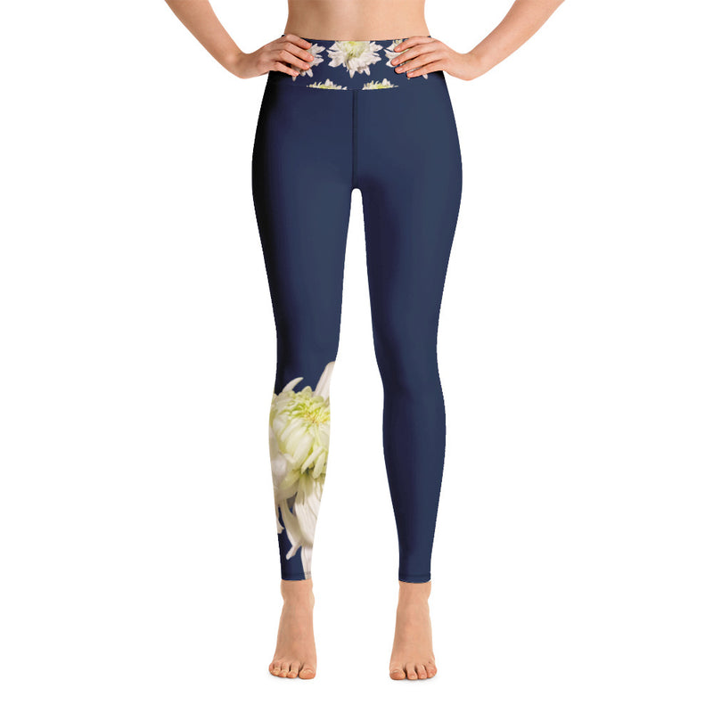 Purple Sky Blue White Floral Print Yoga Leggings