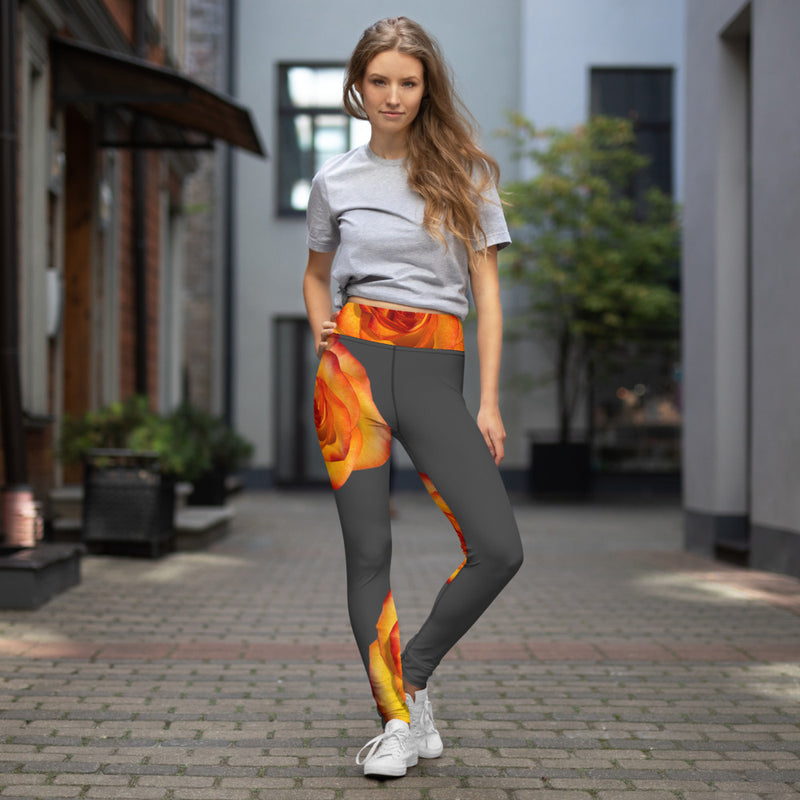 Purple Sky Grey Orange Floral Print Yoga Leggings