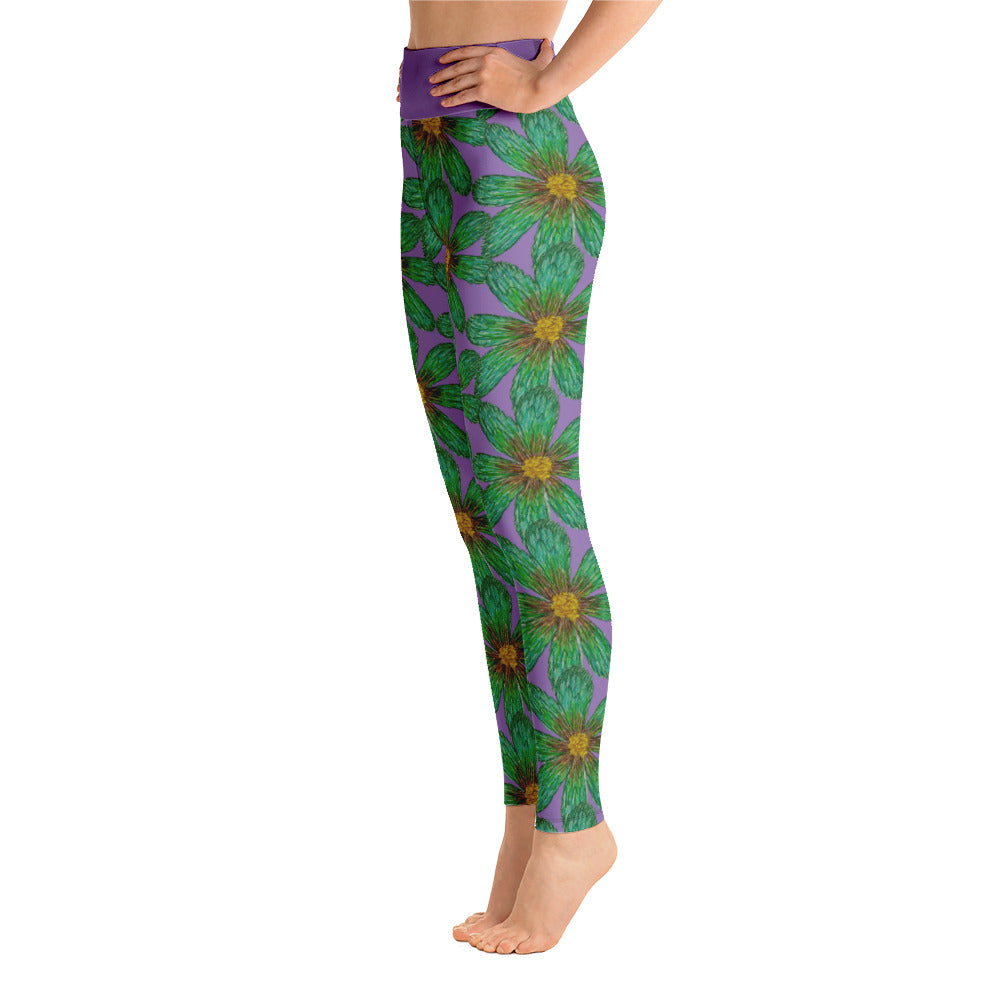 Purple Sky Purple Green Floral Print Yoga Leggings