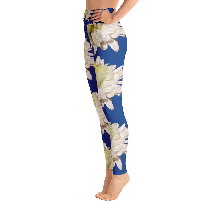 Purple Sky Blue White Floral Print Yoga Leggings