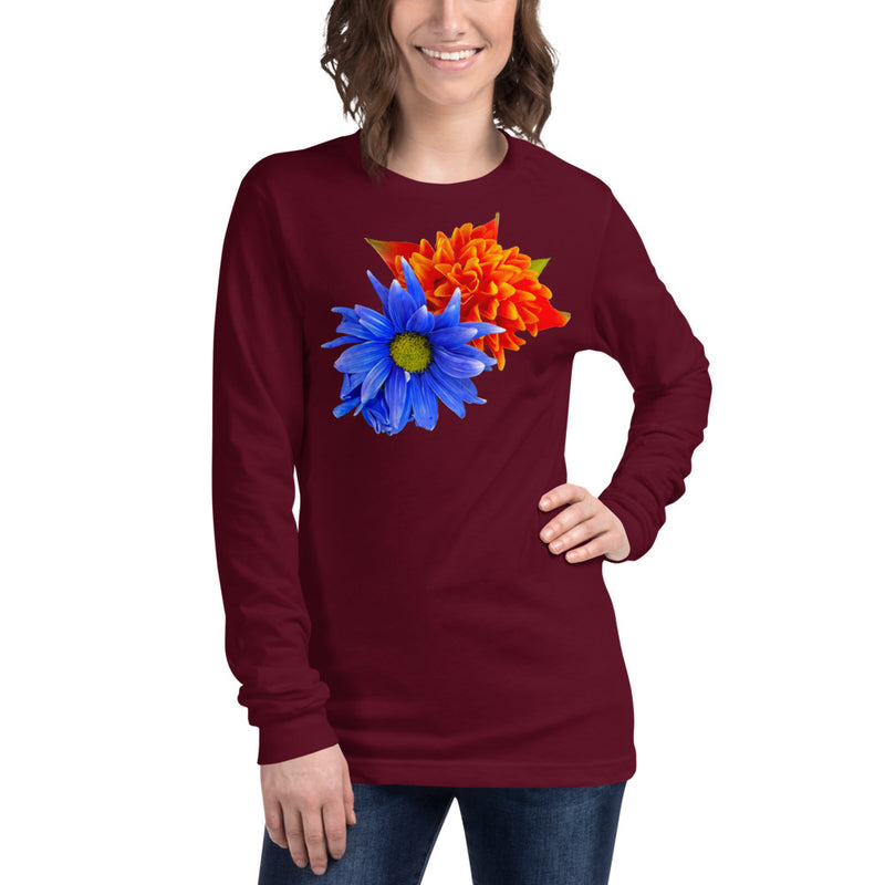 Purple Sky Blue Orange Floral Print Unisex Long Sleeve Tee