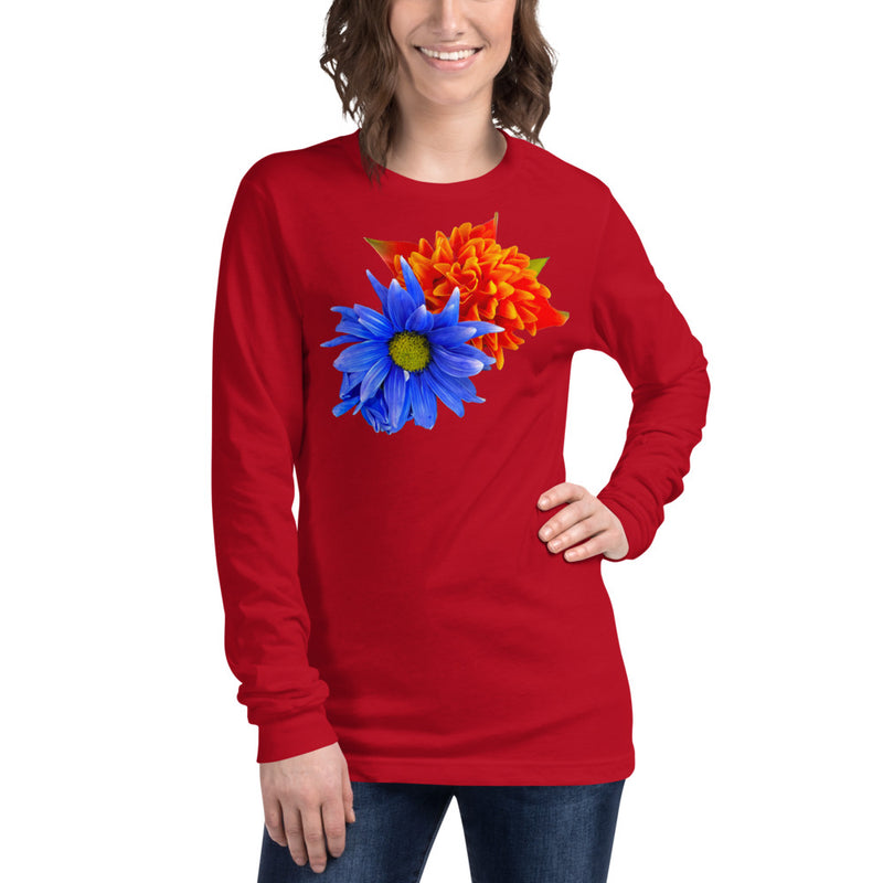 Purple Sky Blue Orange Floral Print Unisex Long Sleeve Tee